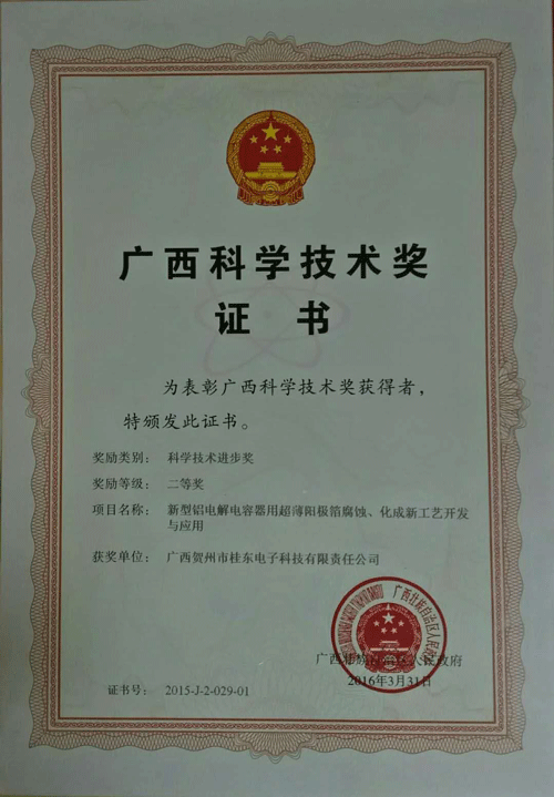 2016年3月廣西科學(xué)技術(shù)獎二等獎證書